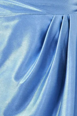 Cowl Neck Bardot Satin Midi Front Split - Dusty Blue by Goddiva