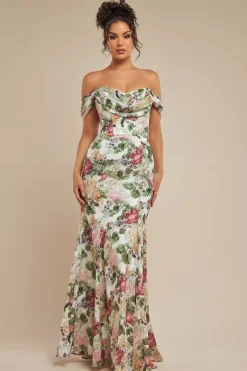 Cowl Neck Floral Print Jacquard Chiffon Maxi Dress - Cream by Goddiva