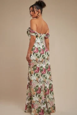Cowl Neck Floral Print Jacquard Chiffon Maxi Dress - Cream by Goddiva