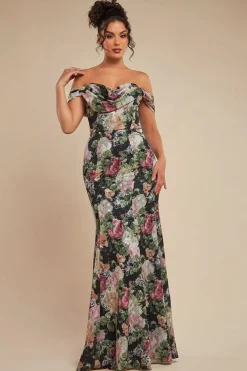 Cowl Neck Floral Print Jacquard Chiffon Maxi Dress - Black by Goddiva