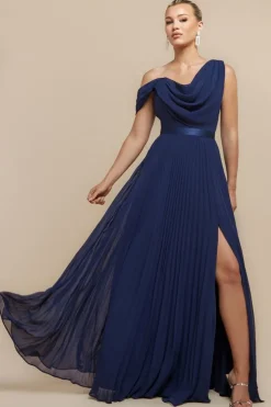 Cowl Neck One Shoulder A Line Chiffon Maxi Dress - Navy Blue by Goddiva