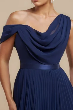 Cowl Neck One Shoulder A Line Chiffon Maxi Dress - Navy Blue by Goddiva