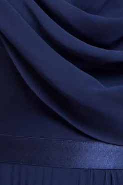 Cowl Neck One Shoulder A Line Chiffon Maxi Dress - Navy Blue by Goddiva