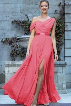 Cowl Neck One Shoulder A Line Chiffon Maxi Dress - Coral by Goddiva