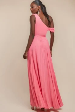 Cowl Neck One Shoulder A Line Chiffon Maxi Dress - Coral by Goddiva
