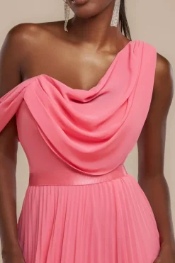 Cowl Neck One Shoulder A Line Chiffon Maxi Dress - Coral by Goddiva