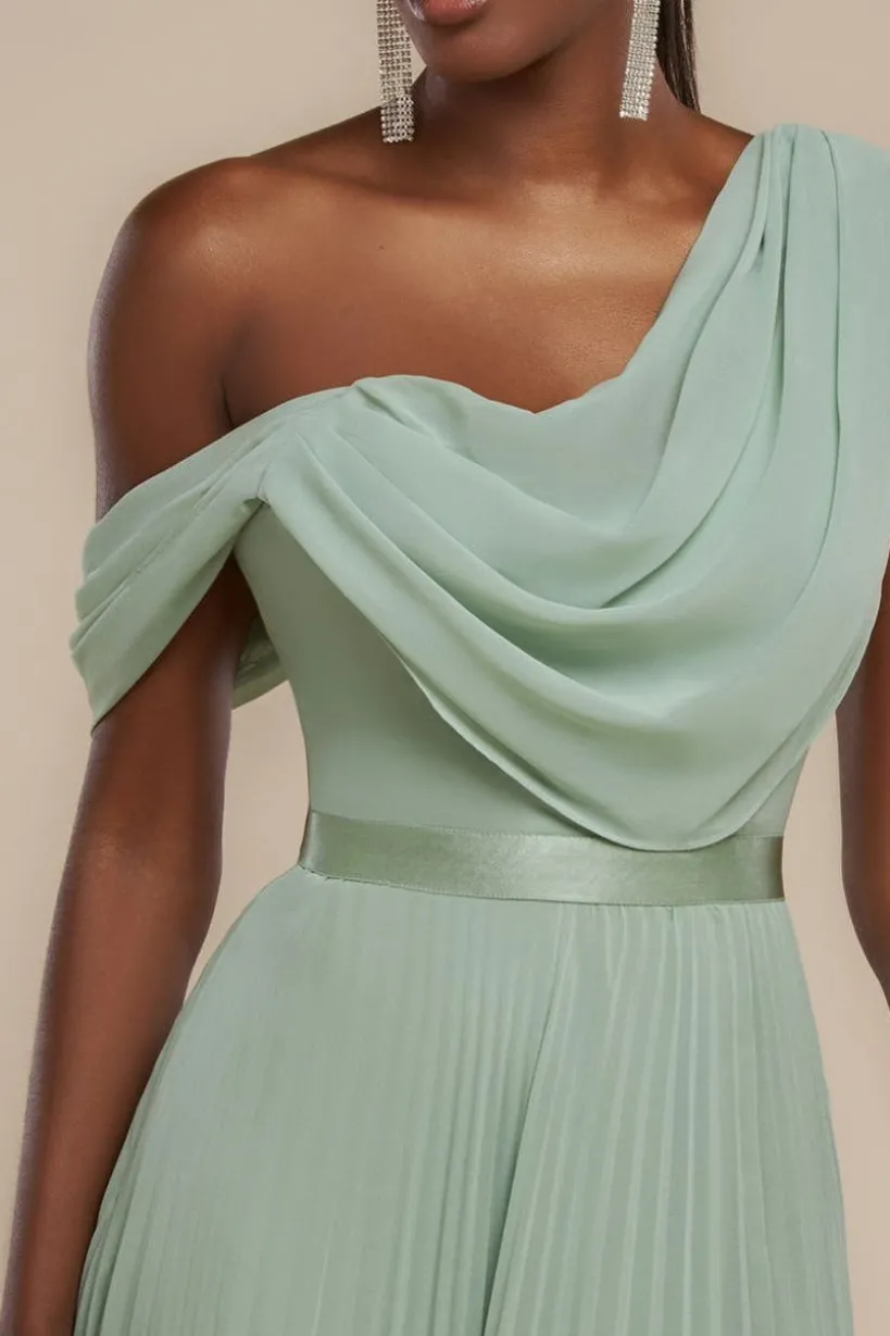 Cowl Neck One Shoulder A Line Chiffon Maxi Dress - Sage Green by Goddiva