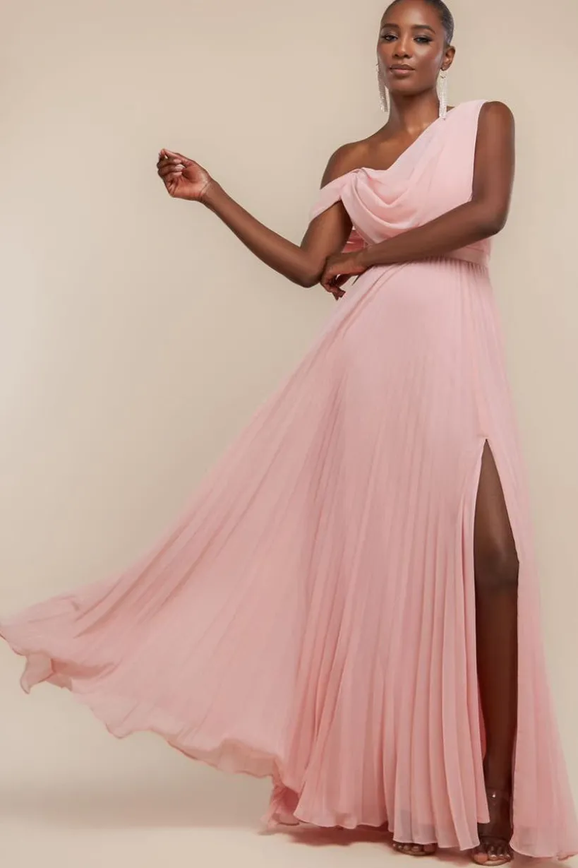 Cowl Neck One Shoulder A Line Chiffon Maxi Dress - Blush Pink by Goddiva