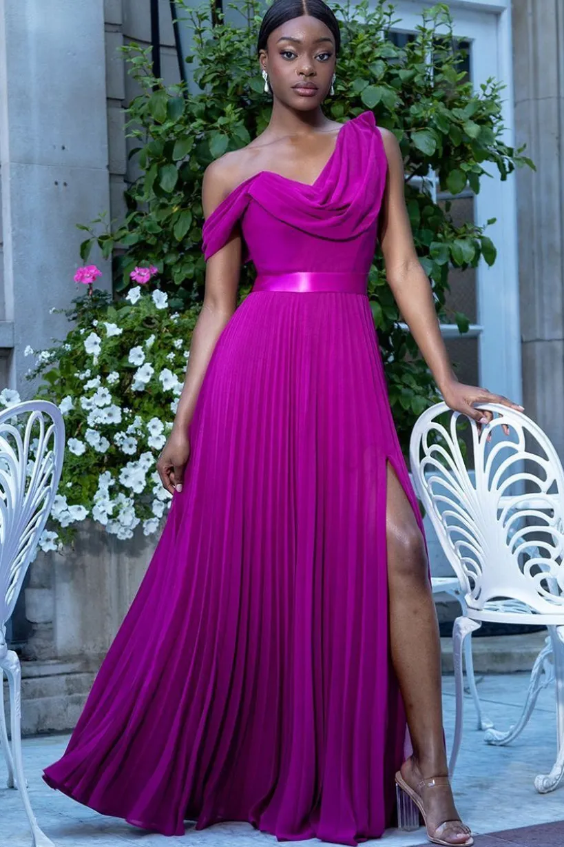Cowl Neck One Shoulder A Line Chiffon Maxi Dress - Magenta by Goddiva