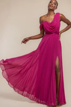 Cowl Neck One Shoulder A Line Chiffon Maxi Dress - Magenta by Goddiva