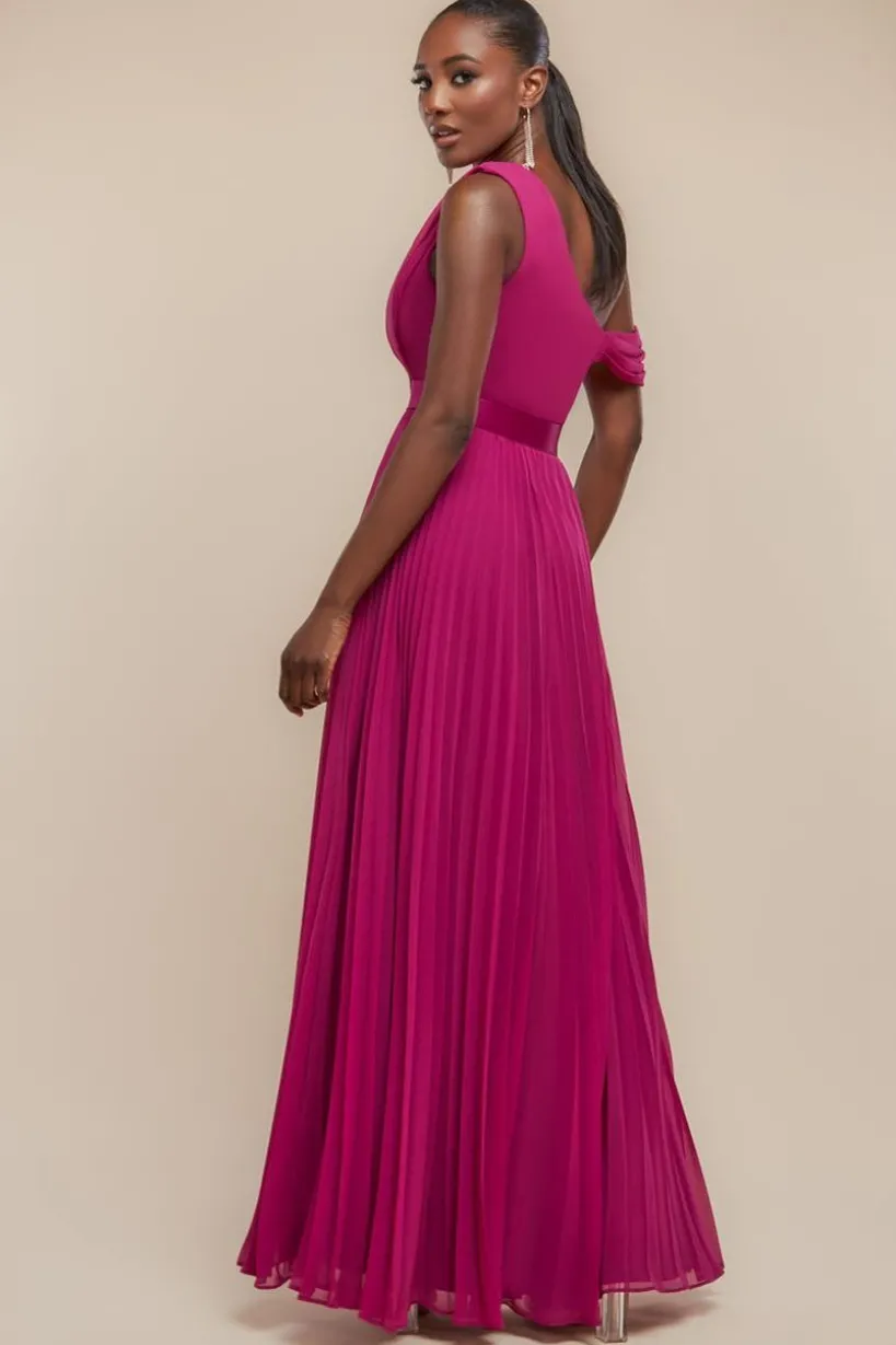 Cowl Neck One Shoulder A Line Chiffon Maxi Dress - Magenta by Goddiva