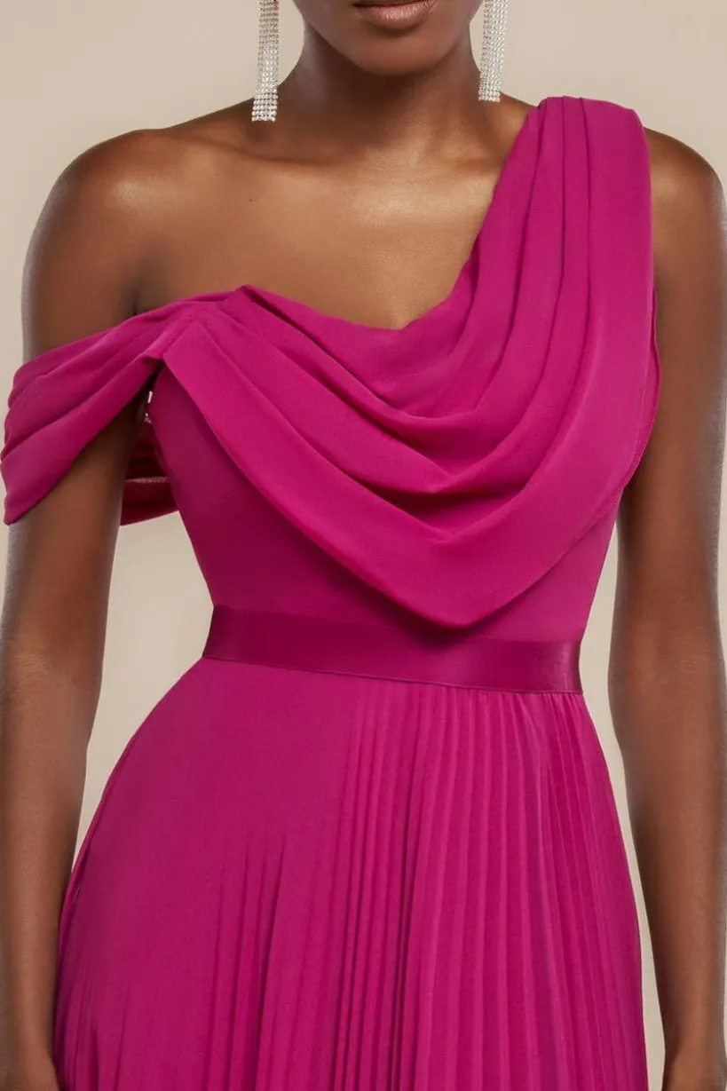 Cowl Neck One Shoulder A Line Chiffon Maxi Dress - Magenta by Goddiva