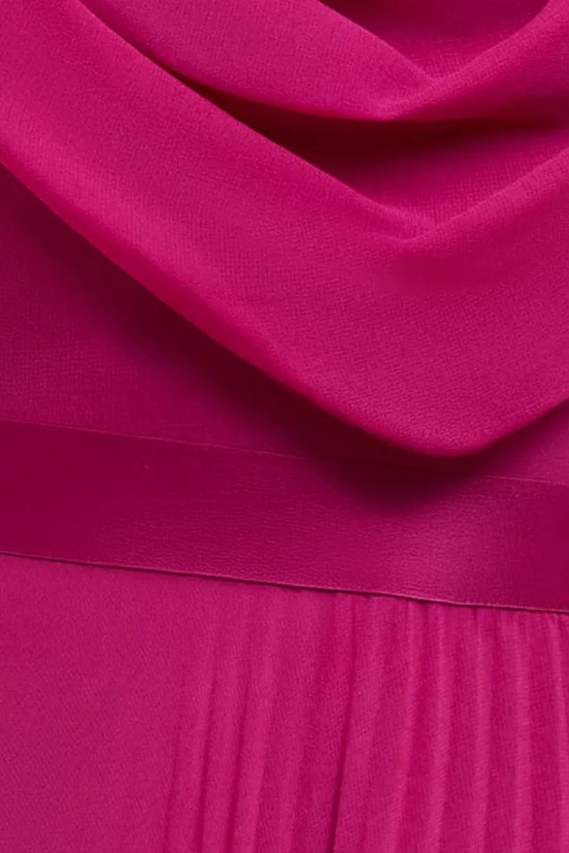 Cowl Neck One Shoulder A Line Chiffon Maxi Dress - Magenta by Goddiva