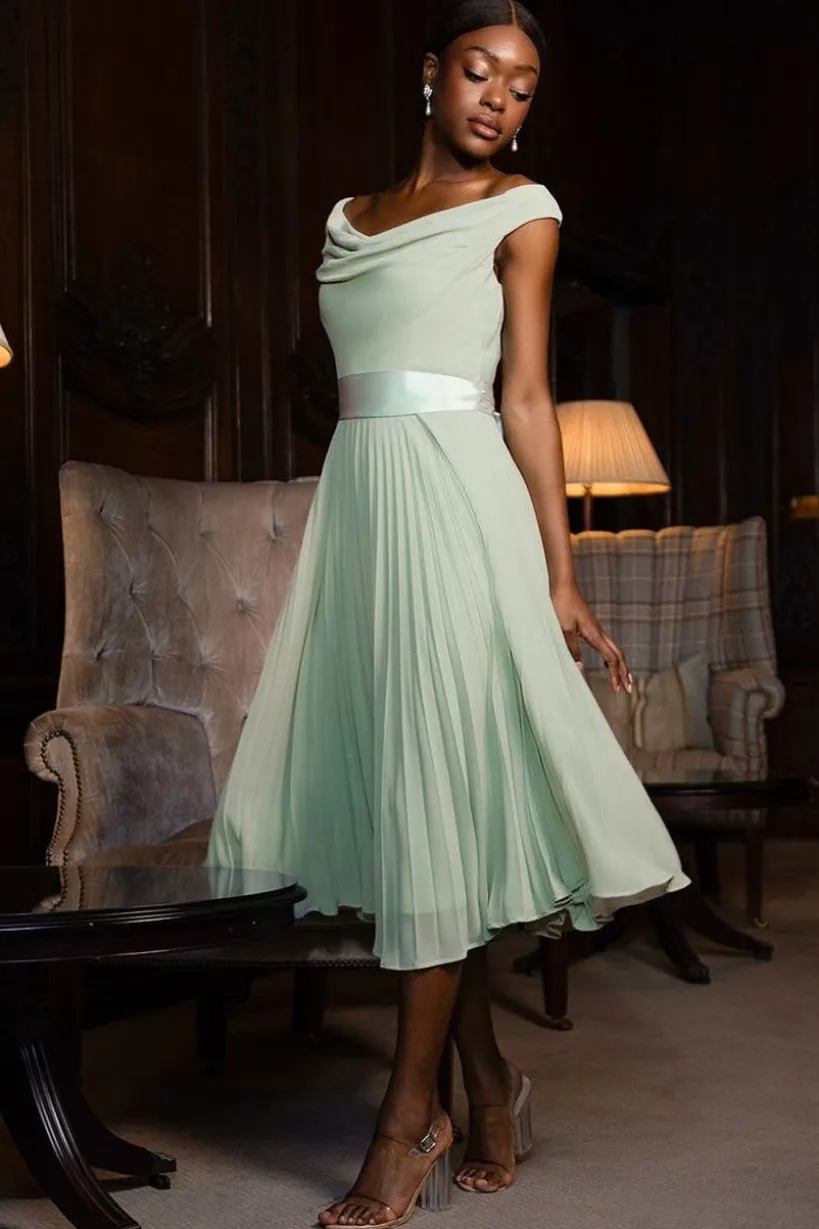 Cowl Neck Pleated A-Line Chiffon Midi Dress - Sage Green by Goddiva