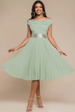 Cowl Neck Pleated A-Line Chiffon Midi Dress - Sage Green by Goddiva