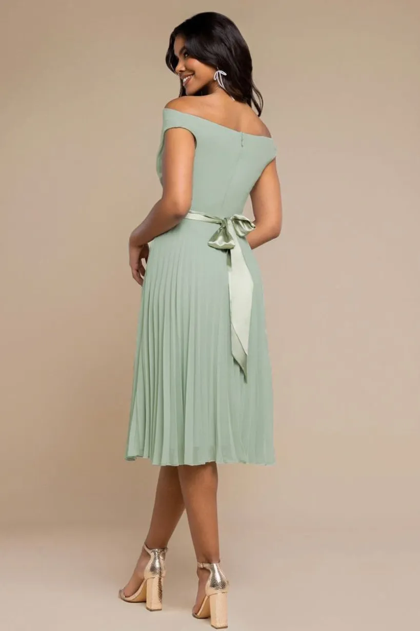 Cowl Neck Pleated A-Line Chiffon Midi Dress - Sage Green by Goddiva
