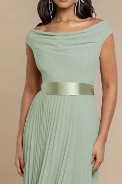 Cowl Neck Pleated A-Line Chiffon Midi Dress - Sage Green by Goddiva