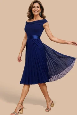 Cowl Neck Pleated A-Line Chiffon Midi Dress - Navy Blue by Goddiva