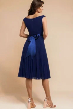 Cowl Neck Pleated A-Line Chiffon Midi Dress - Navy Blue by Goddiva