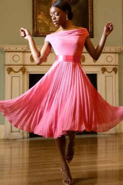 Cowl Neck Pleated A-Line Chiffon Midi Dress - Coral by Goddiva