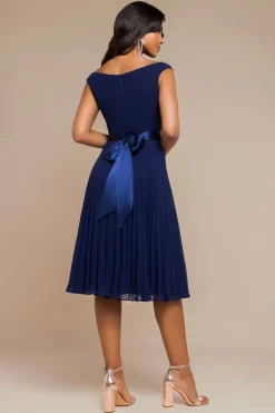 Cowl Neck Pleated A-Line Chiffon Midi Dress - Navy Blue by Goddiva