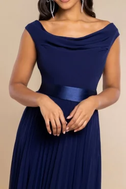 Cowl Neck Pleated A-Line Chiffon Midi Dress - Navy Blue by Goddiva