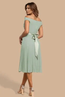 Cowl Neck Pleated A-Line Chiffon Midi Dress - Sage Green by Goddiva