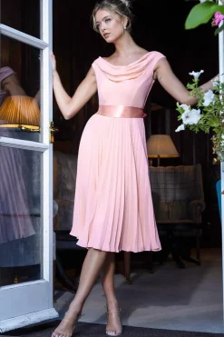 Cowl Neck Pleated A-Line Chiffon Midi Dress - Blush Pink by Goddiva