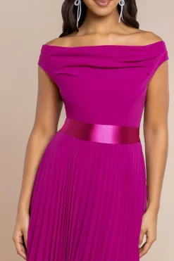 Cowl Neck Pleated A-Line Chiffon Midi Dress - Magenta by Goddiva