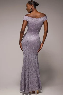 Cowl Neck Sequin Lace Maxi Dress - Dusky Purple by Goddiva