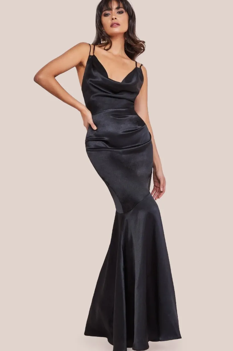 Cowl Neck With Strappy Back Satin Maxi - Black by Goddiva
