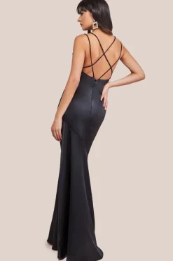 Cowl Neck With Strappy Back Satin Maxi - Black by Goddiva
