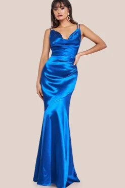 Cowl Neck With Strappy Back Satin Maxi - Royal Blue by Goddiva