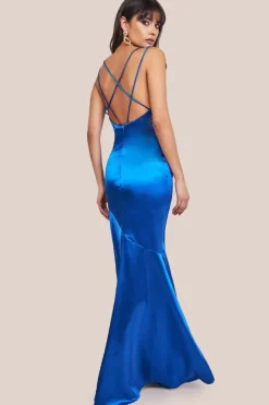 Cowl Neck With Strappy Back Satin Maxi - Royal Blue by Goddiva