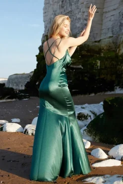 Cowl Neck With Strappy Back Satin Maxi - Emerald by Goddiva