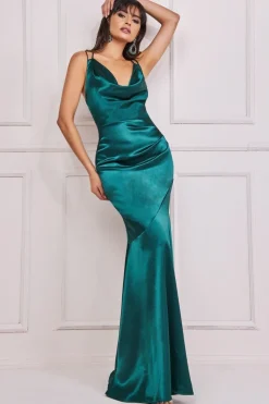 Cowl Neck With Strappy Back Satin Maxi - Emerald by Goddiva