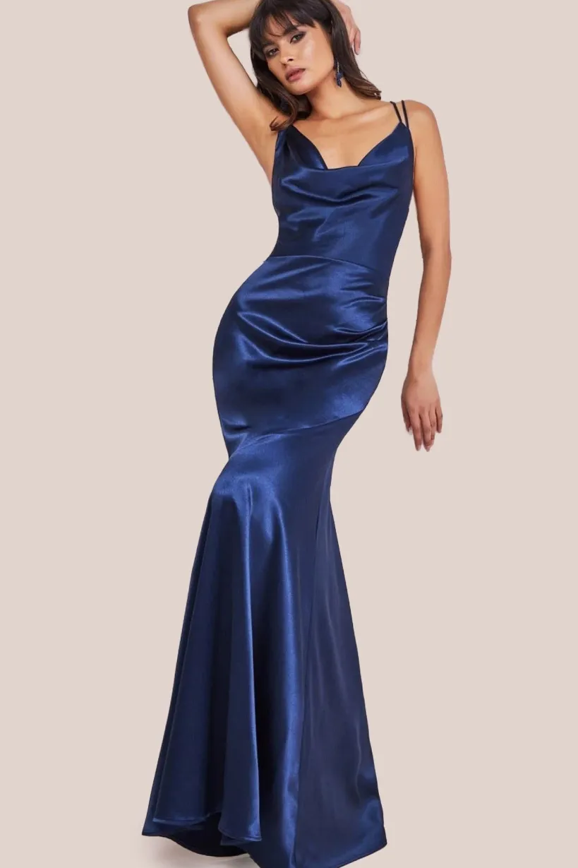 Cowl Neck With Strappy Back Satin Maxi - Navy by Goddiva