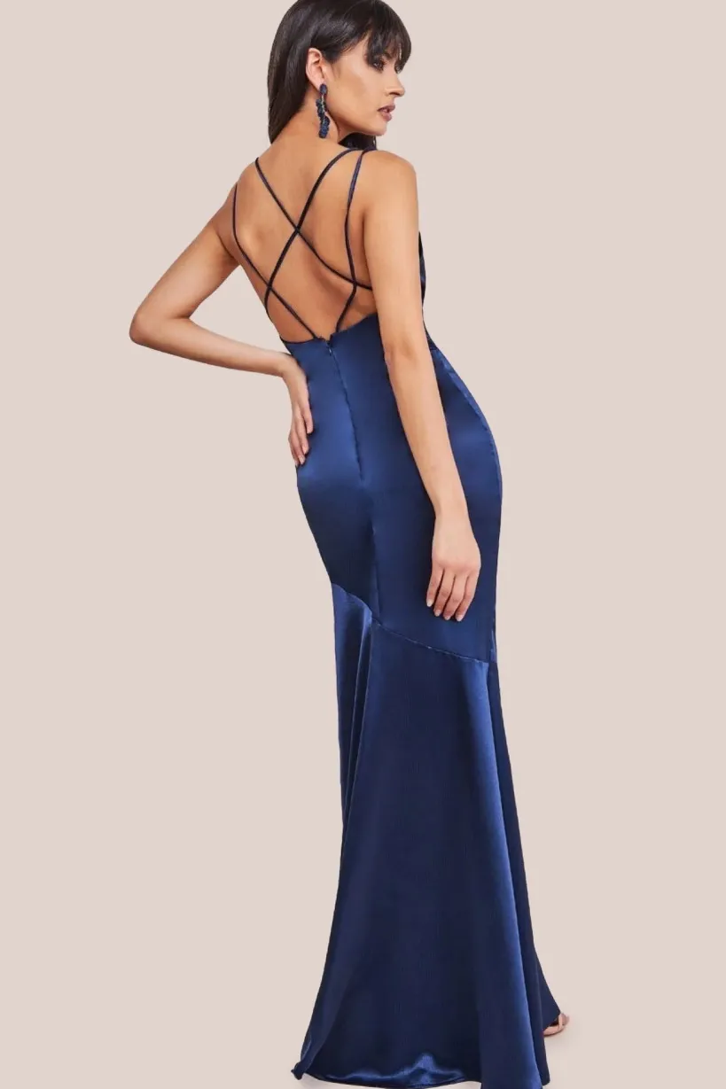 Cowl Neck With Strappy Back Satin Maxi - Navy by Goddiva