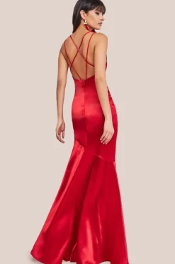 Cowl Neck With Strappy Back Satin Maxi - Red by Goddiva