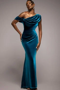 Cowl One Shoulder Velvet Maxi Dress - Teal by Goddiva