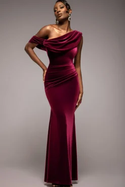 Cowl One Shoulder Velvet Maxi Dress - Burgundy Red by Goddiva