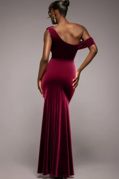 Cowl One Shoulder Velvet Maxi Dress - Burgundy Red by Goddiva