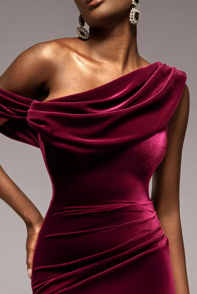 Cowl One Shoulder Velvet Maxi Dress - Burgundy Red by Goddiva