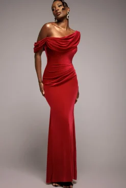 Cowl One Shoulder Velvet Maxi Dress - Red by Goddiva