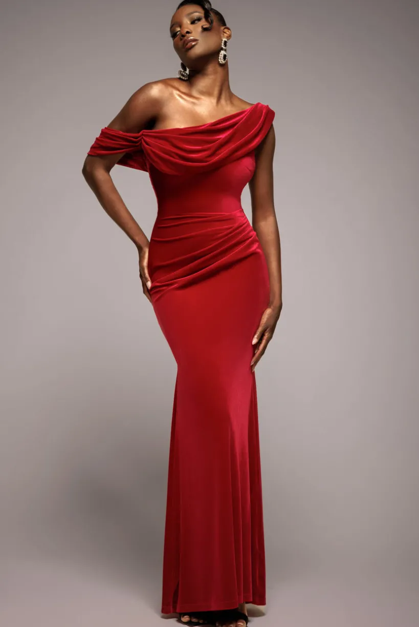 Cowl One Shoulder Velvet Maxi Dress - Red by Goddiva