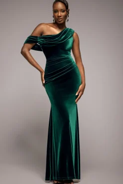 Cowl One Shoulder Velvet Maxi Dress - Emerald Green by Goddiva