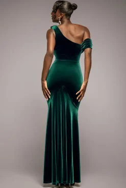 Cowl One Shoulder Velvet Maxi Dress - Emerald Green by Goddiva