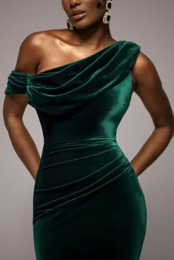 Cowl One Shoulder Velvet Maxi Dress - Emerald Green by Goddiva
