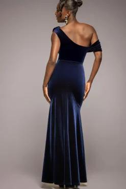 Cowl One Shoulder Velvet Maxi Dress - Navy Blue by Goddiva