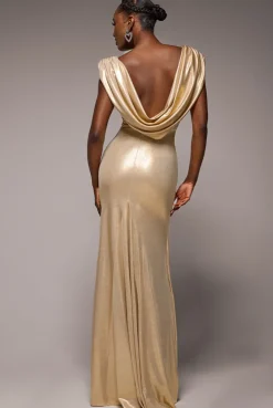 Cowl Plunge Draped Foil Maxi Dress - Gold by Goddiva